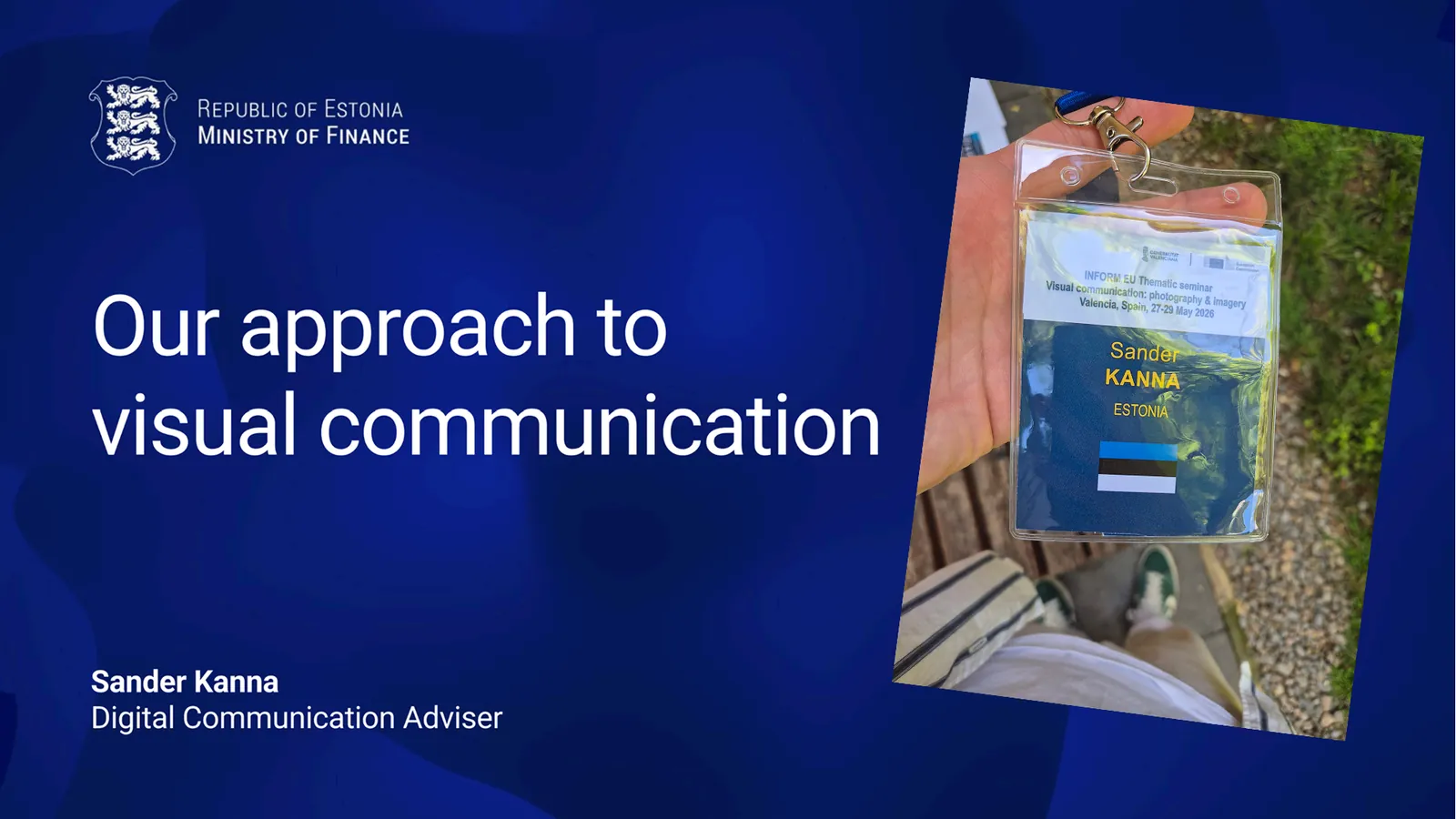 Title slide “Our approach to visual communication” with the INFORM EU seminar name card