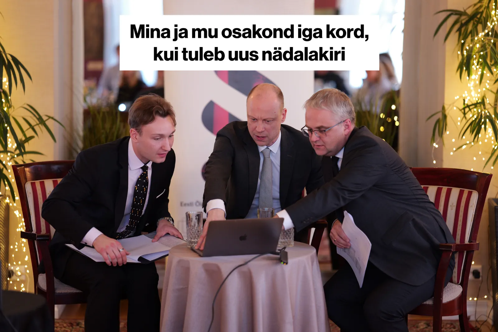 Newsletter cover: a meme of colleagues huddled over a laptop, captioned “me and my department every time a new newsletter arrives”
