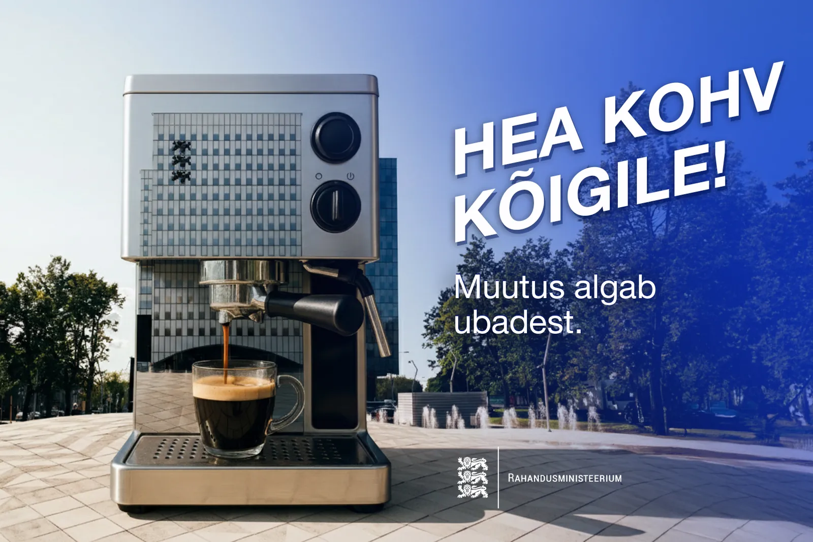 Newsletter cover: the ministry building turned into a coffee machine, “Good coffee for everyone! Change starts in the morning”