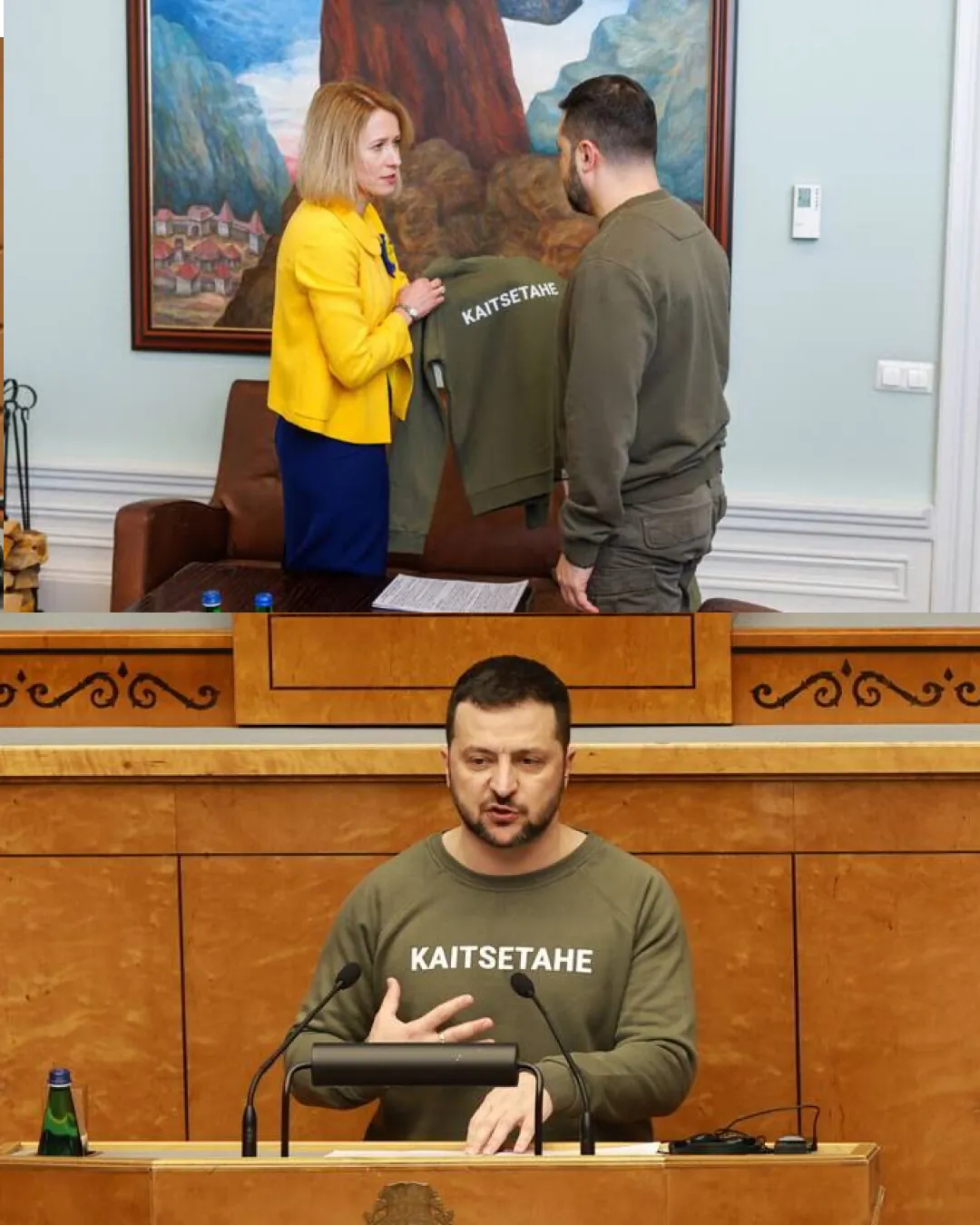 President Zelensky wearing the “Kaitsetahe” (will to defend) hoodie