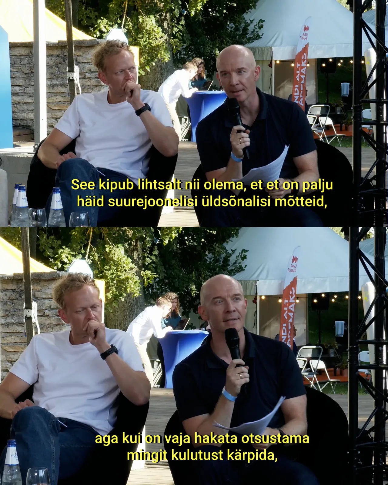 Subtitled video stills from an interview at an outdoor event