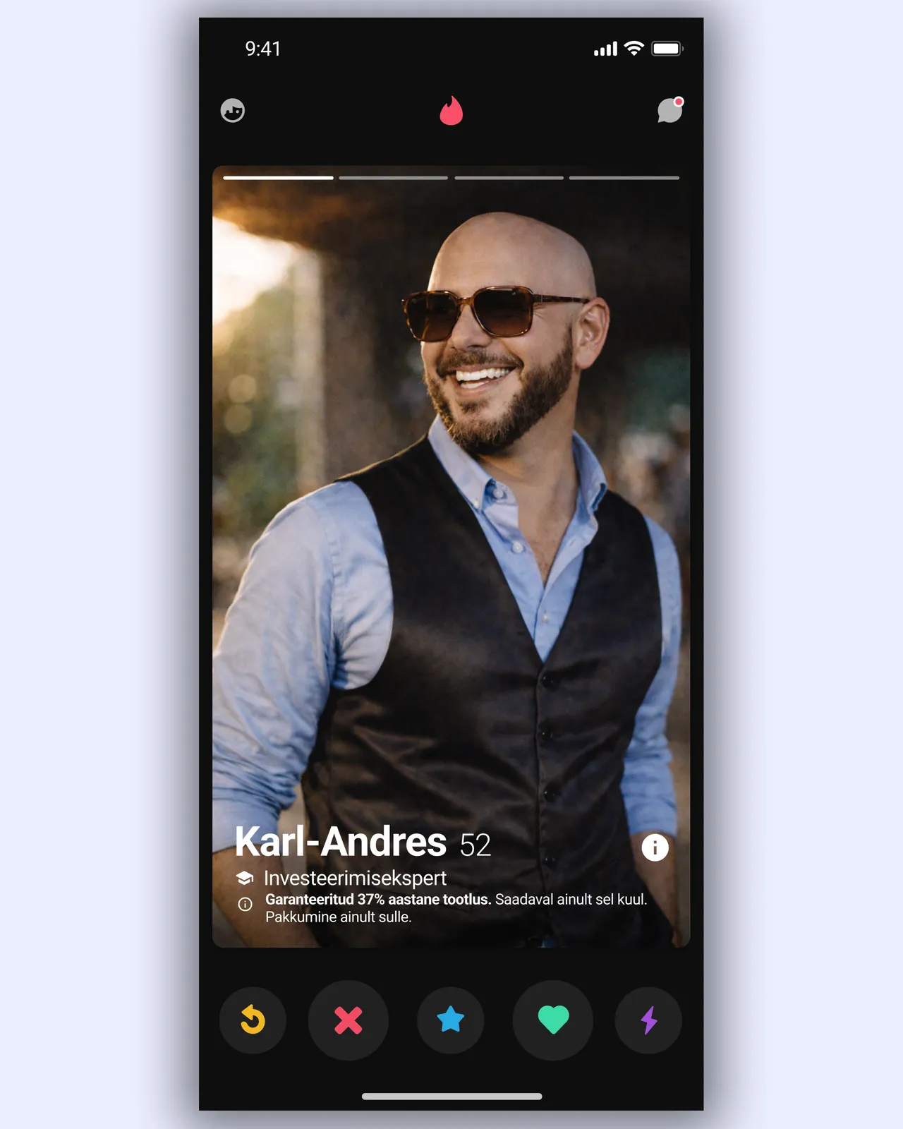 Social post styled as a dating-app profile of an investment expert